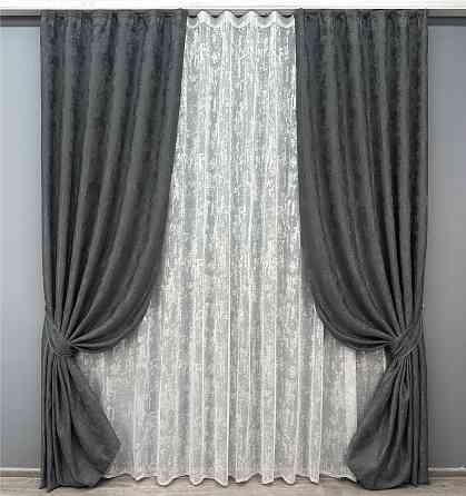 Комплект штор VR-Textil Жаккард Мрамор 200х270 2шт и Тюль 600х270 1123ш-1400т Графитовый с белым 71-003/7 Киев