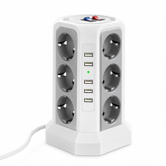 Сетевой удлинитель-фильтр на 12 розеток с 5 USB-A, длина 1.8м переноска сетевая, настольная с выключателями белый Каменец-Подольский