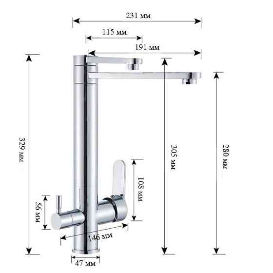 Смеситель для кухни для фильтрованной воды двухрычажный, кран кухонный с двойной ручкой WanFan Хром Каменец-Подольский