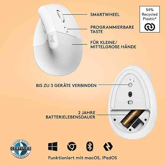 Вертикальна ергономічна миша Logitech Lift, бездротова, Bluetooth або USB-приймач Logi Bolt для Windows, macOS, iPadOS ноутбука ПК Київ