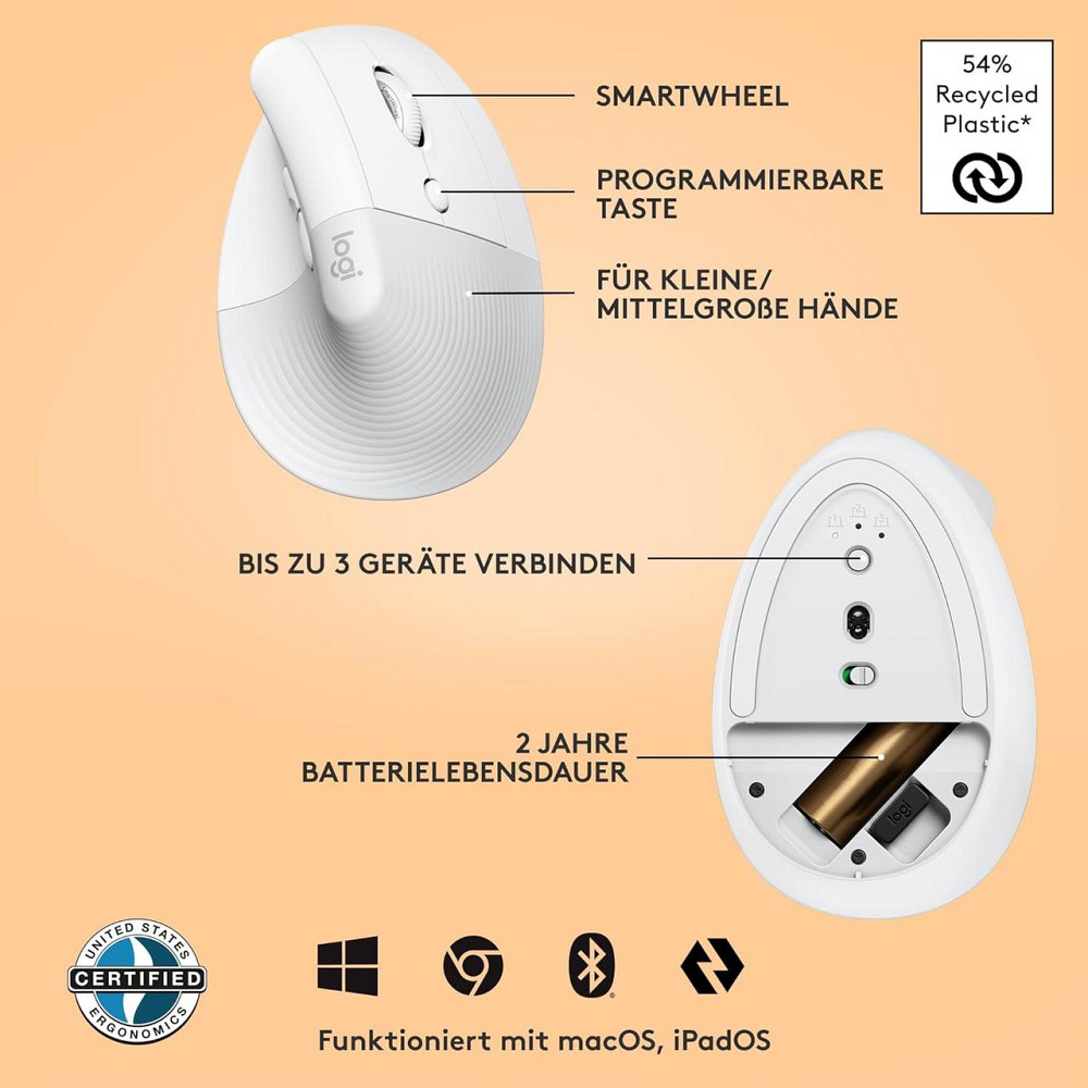 Вертикальна ергономічна миша Logitech Lift, бездротова, Bluetooth або USB-приймач Logi Bolt для Windows, macOS, iPadOS ноутбука ПК Київ - фото 3