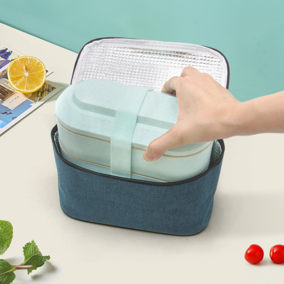 Контейнер,ланч бокс для горячей и холодной еды с термосумкой, двухъярусный для обеда с столовыми приборами, 900 мл,голубой Каменец-Подольский