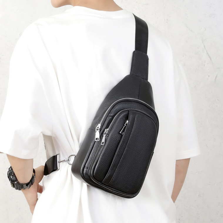 Чоловіча шкіряна сумка-бананка TIDING BAG чорна Киев - изображение 1