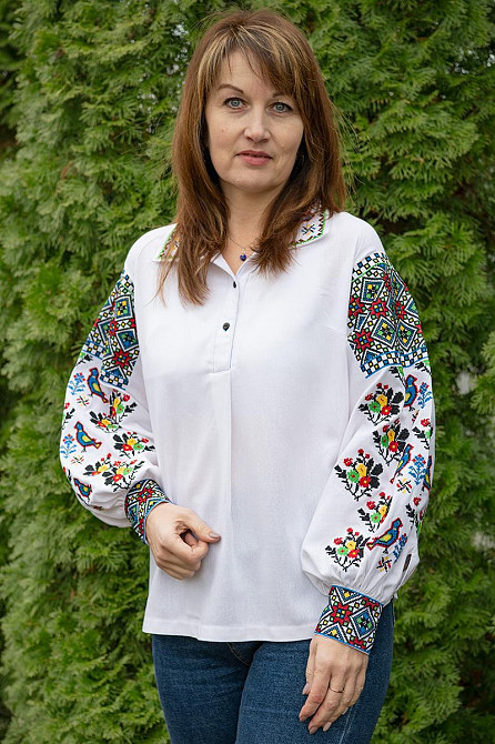 Вишиванка жіноча, лляна, біла, з довгим рукавом, топ Київ - фото 1