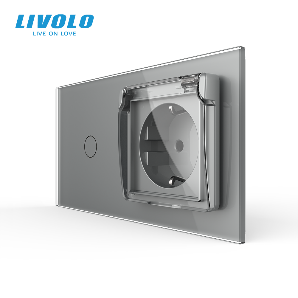 Сенсорний вимикач + розетка вологозахисна з кришкою IP44, з заземленням, сіра скляна рамка, шторки, LIVOLO (VL-C701/C7C1EUWF-15) Коломыя - изображение 1