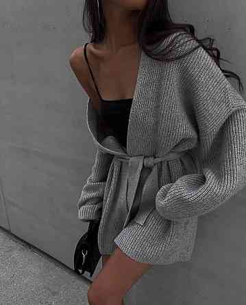 Стильный женский теплый оверсайз кардиган вязка. Серый Одесса