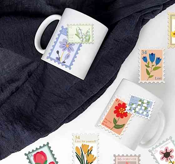 Наклейки декоративные марки с цветами 100 шт стикеры 2.5 см Киев