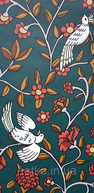 Шпалери вінілові на флізеліні Rasch Clasik 0,53х10 райські пташки квіти листя гілки яскраві білі на зеленому Київ - фото 3