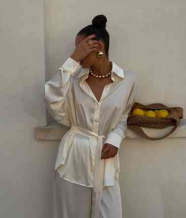 Женский легкий брючный костюм двойка: рубашка и брюки из шелка Одесса