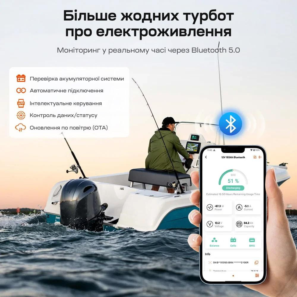 Акумуляторна батарея літій-залізо-фосфатна з Bluetooth та підігрівом стартерна / тягова 12.8В 165А*год LiFePO4 LiTime Dual Purpose Київ - фото 14