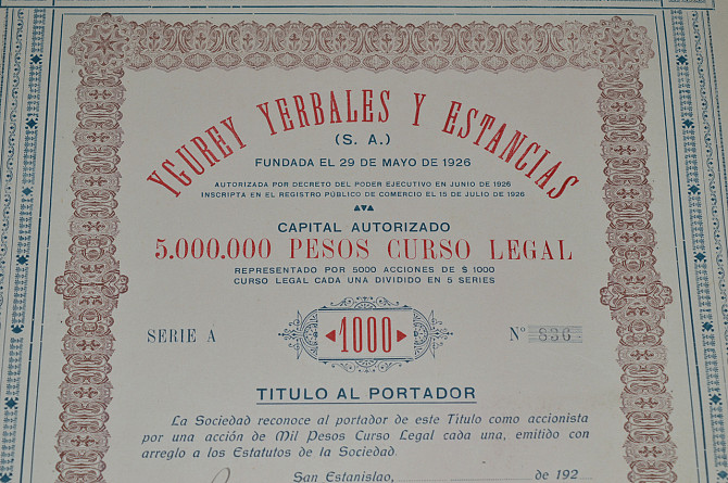 Акция. Ygurey Yerbales y Estancias S. A. 1926 год №836 (34) 38*30 Полтава - изображение 1