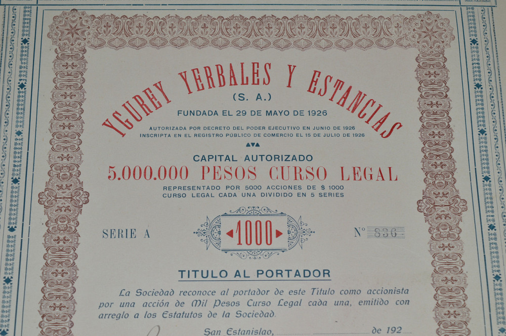 Акція. Ygurey Yerbales y Estancias S. A. 1926 рік №836 (34) 38*30 Полтава - фото 1