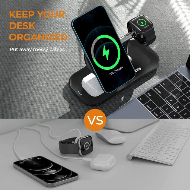 Бездротова магнітна док-станція Auckly A7 3-в-1 з MagSafe 15W для iPhone, AirPods та Apple Watch, швидка зарядка, чорна Київ - фото 8