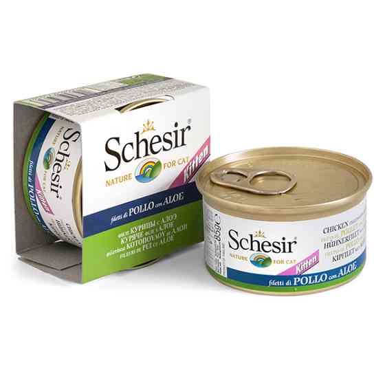Schesir Kitten Care Chicken with Aloe ШЕЗИР КУРИЦА С АЛОЭ в желе натуральные консервы для котят, полнорационный влажный корм, банка 85г Киев