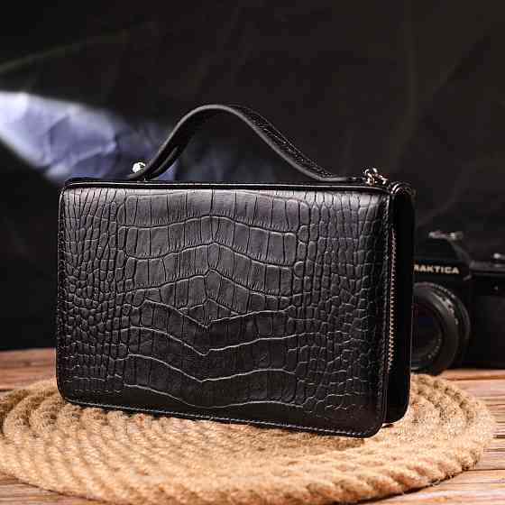 Стильная мужская барсетка на два отделения из натуральной фактурной кожи с тиснением под крокодила CANPELLINI 21570 Черная Киев