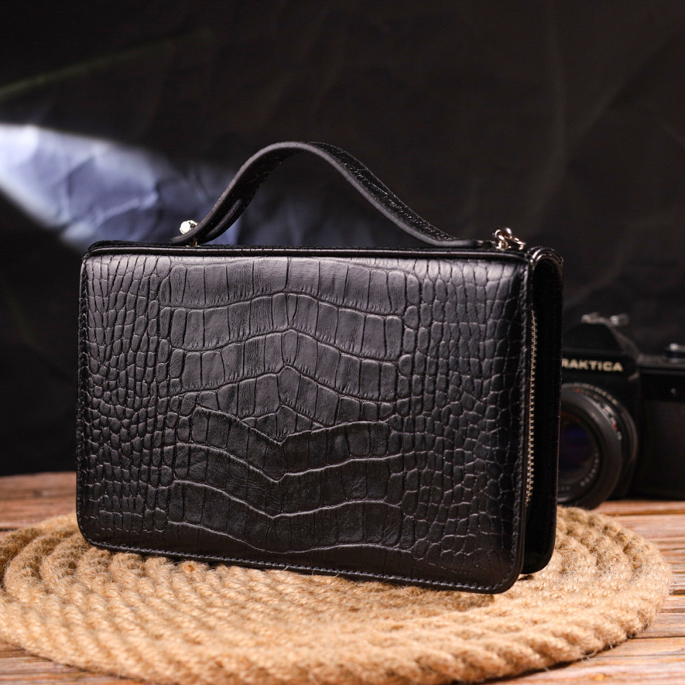 Стильная мужская барсетка на два отделения из натуральной фактурной кожи с тиснением под крокодила CANPELLINI 21570 Черная Киев - изображение 2