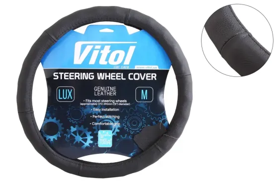 Оплетка на кермо шкіра M без запаху Vitol Lux 2056-BK-M чорний Вінниця