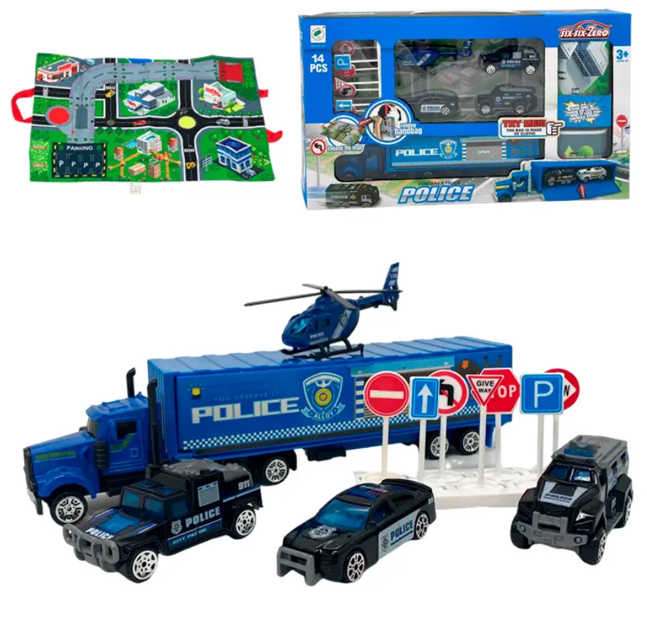 Трейлер Поліція машина вертоліт масштаб 1:64 14 деталей довжина 24,5см Синій (660-A347) Чернігів - фото 1