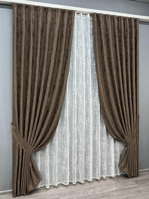 Комплект штор VR-Textil Жакард Мармур 100х270 2шт і Тюль 300х270 1557ш-1400т Коричневий з білим 71-190/1 Київ - фото 2