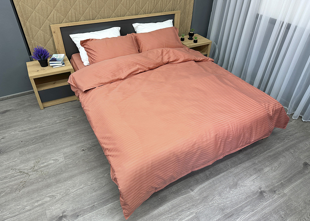 Комплект постельного белья Страйп-сатин Евро 200х230 с простыней на резинке Терракотовый (88-095) Киев - изображение 3