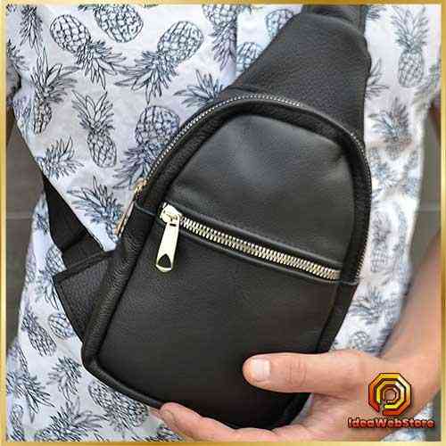 Стильная мужская сумка бананка, слинг нагрудная из кожи на молнии чёрная Idea Киев