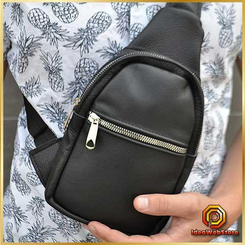 Стильная мужская сумка бананка, слинг нагрудная из кожи на молнии чёрная Idea Киев - изображение 1