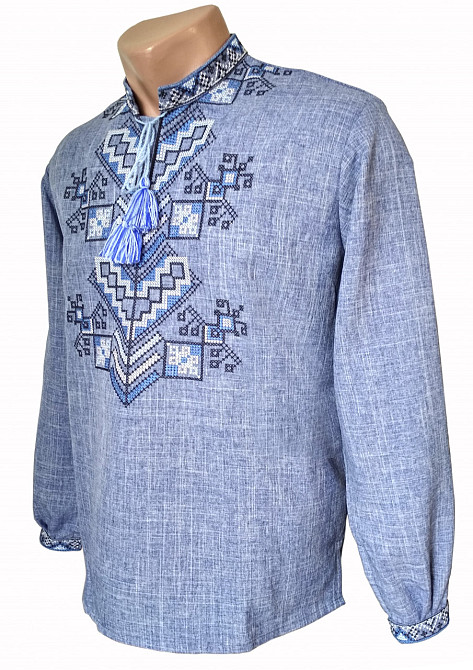 Чоловіча вишиванка в джинсовому кольорі з сірою ниткою. Київ - фото 1