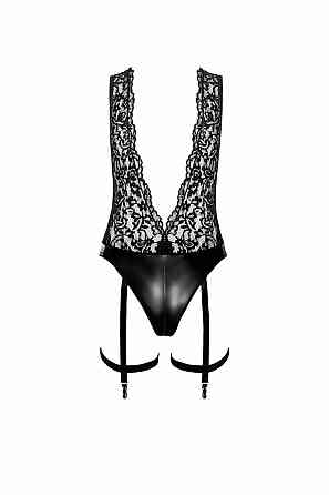 Боді Noir Handmade F297 Libido, M, чорне, мереживо, низ під латекс, відкритий доступ, гартери Sex Aura Київ