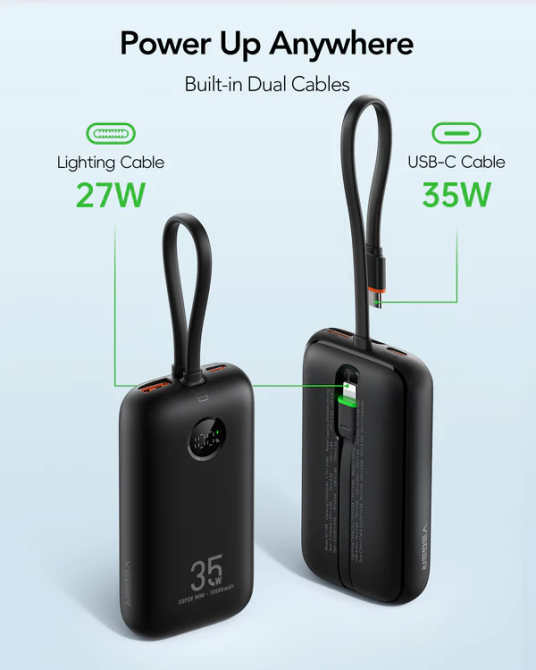 Внешний аккумулятор VEGER 10000 mAh with built-in cables Type C / Lightning PD QC3.0 35W K1 (W1188) black Киев - изображение 3