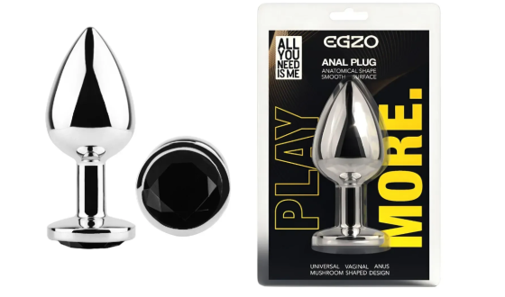 Анальна пробка із кристалом EGZO - Silver Round Plug Black size M Sex Aura Київ