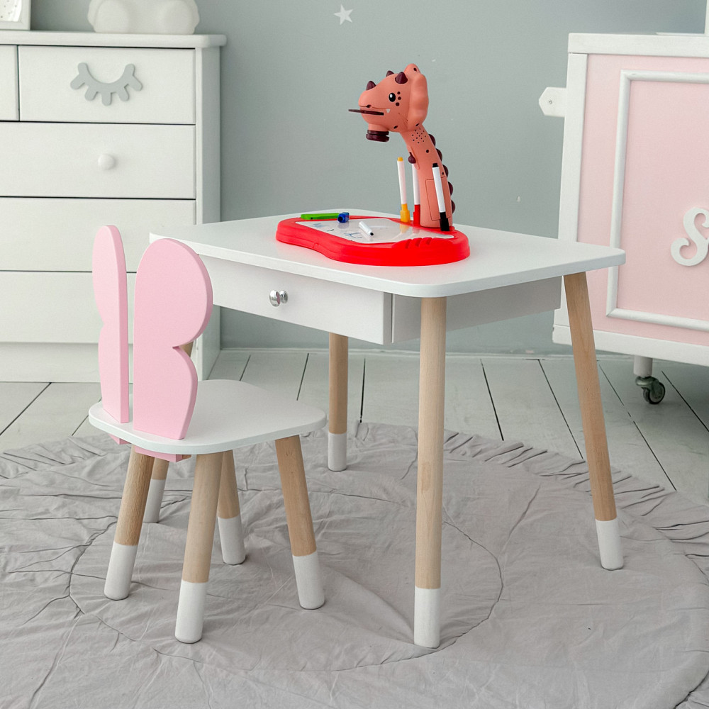 Стол прямоугольный с выдвижным ящиком 46х60х45 и стул бабочка 26х26х24, столик и стульчик для девчачьей комнаты, розовый с белым Каменское - изображение 3