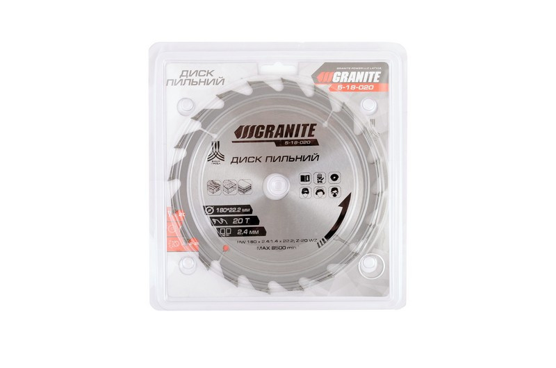 Диск пильный GRANITE для дерева с твердосплавными напайками 180х22.2х20Т адаптер 22.2-20 8400 об/мин 5-18-020 Ровно - изображение 2