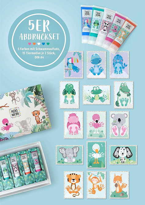 Набор для отпечатков рук и ног малыша Miniwerk большой, 0–1,5 года, органическая краска 5 цветов, 30 картинок Киев - изображение 8