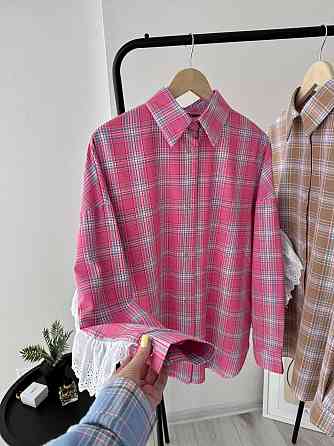 Женская стильная оверсайз рубашка в клетку с акцентными рукавами Розовый Одесса