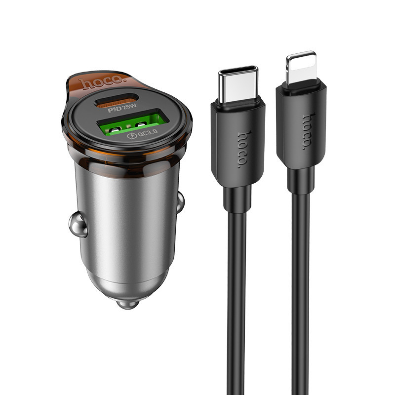 Автомобільний зарядний пристрій HOCO NZ16A Rigorous 43W dual port PD25W+QC3.0 car charger set(C to iP) Metal Grey Одеса - фото 1
