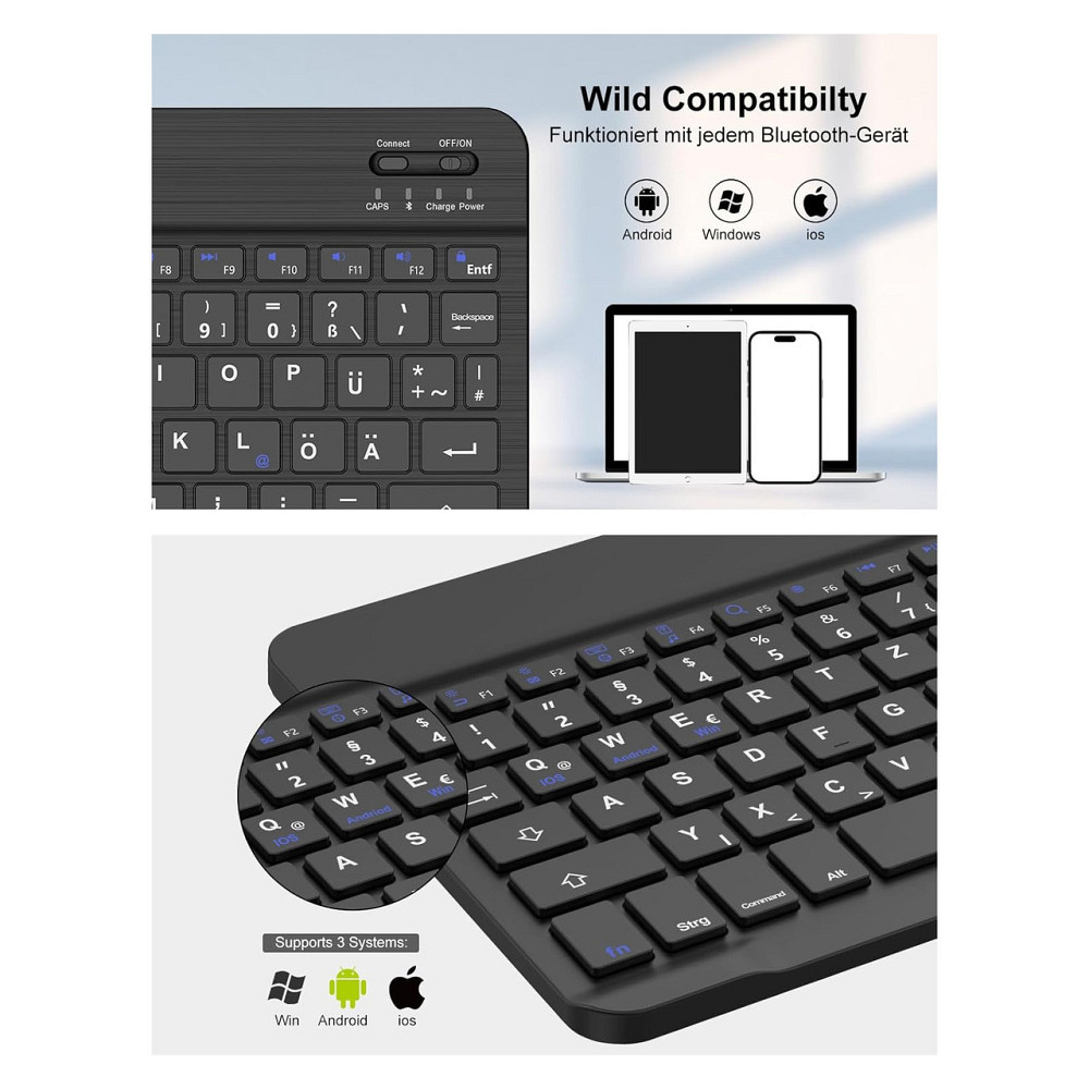 Клавіатура IVEOPPE QWERTZ чорна перезаряджувальна бездротова Bluetooth ультратонка сумісна з iPad/Android Київ - фото 5