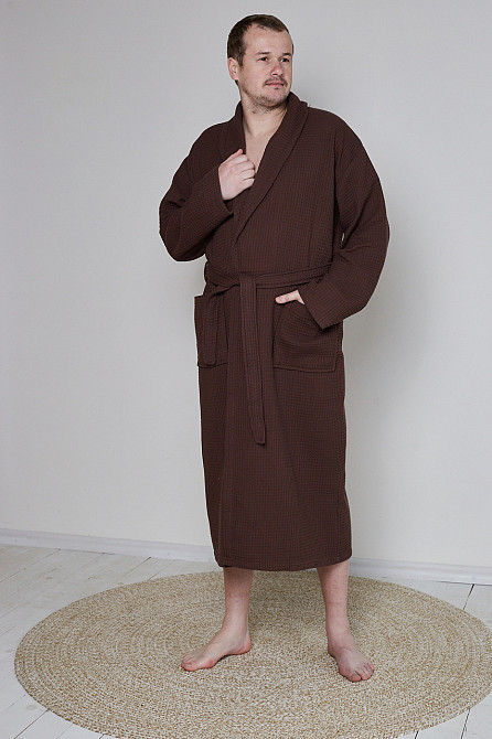 Чоловічий вафельний халат Ideal Textile довгий коричневий (56860599) Чернівці - фото 3