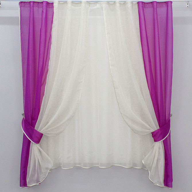 Кухонний комплект VR-Textil № 038к шторки і тюль фуксія з бежевим 280х170 см (50-031) Київ - фото 1
