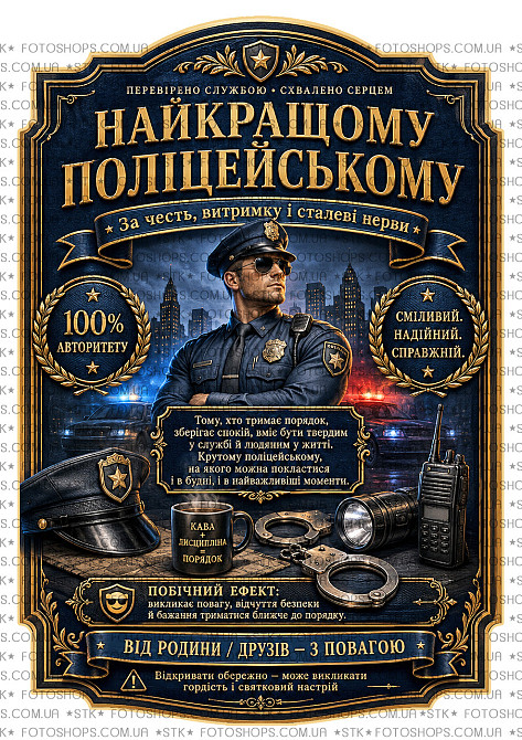 Этикетка на бутылку для полицейского “Лучшему полицейскому” | подарочная этикетка и контрэтикетка на виски, коньяк, вино Одесса - изображение 1