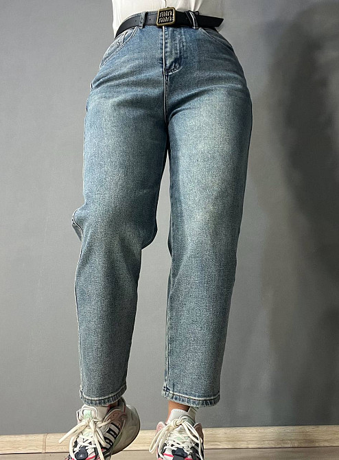 Джинсы женские Sterling 9203 MOM с ремнем стрейчевые бананы синие , синий, 25, 25, 68 см, 96 см Одесса - изображение 1