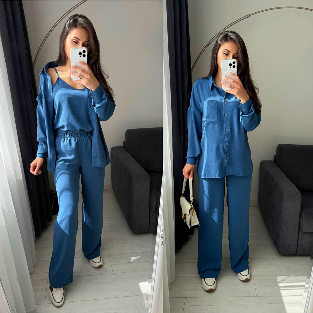 Женский базовый костюм тройка: рубашка майка и штаны креп жатка Джинс, 50/52 Одесса - изображение 1