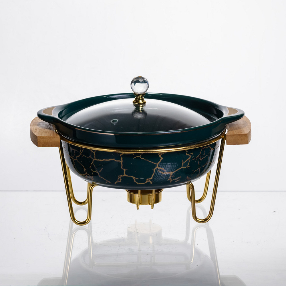 Yiwu Марміт порцеляновий настільний круглий 800 (мл) з підігрівом Зелений мармур LC-713 Коломия - фото 1