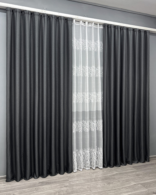 Комплект штор VR-Textil Льон Мішковина 150х270 2шт і Тюль 500х270 1161ш-1675т Графітовий з білим 71-164/4 Київ - фото 3