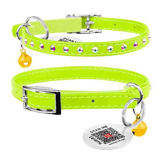 Нашийник WAUCAT Glamour з резинкою, клейовими стразами, для котів (ширина 9мм, довжина 22-30см) салатовий Київ