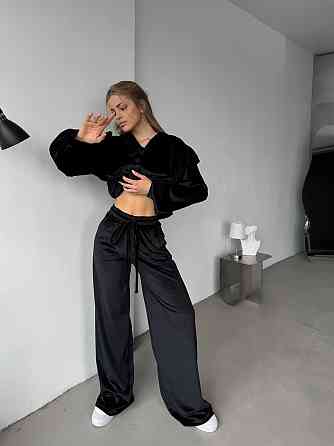 Женский нежный костюм двойка: кофта и штаны из велюра Черный, 42/44 Одесса