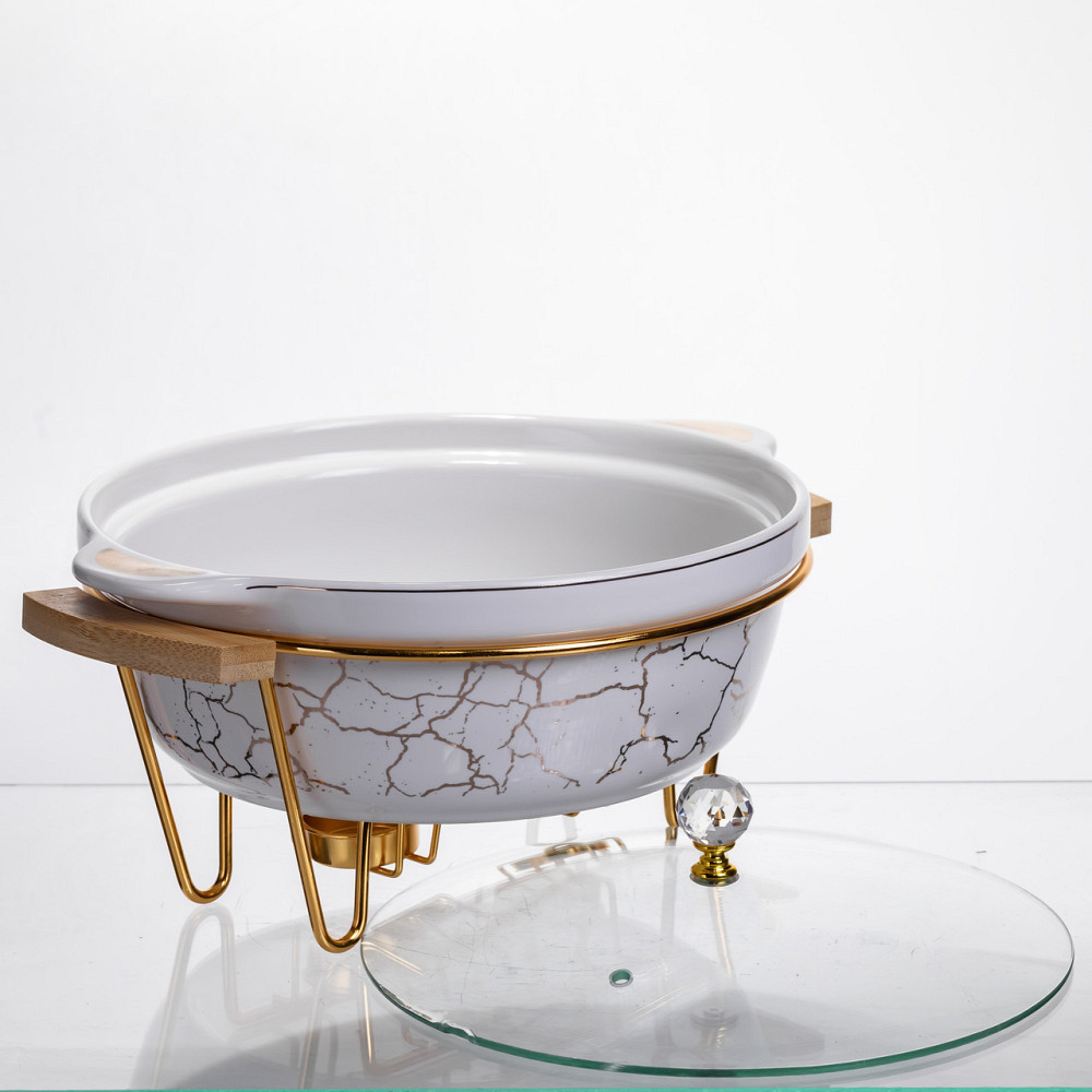 Мармит фарфоровый настольный круглый 2 (л) с подогревом Белый мрамор LC-712 Киев - изображение 3