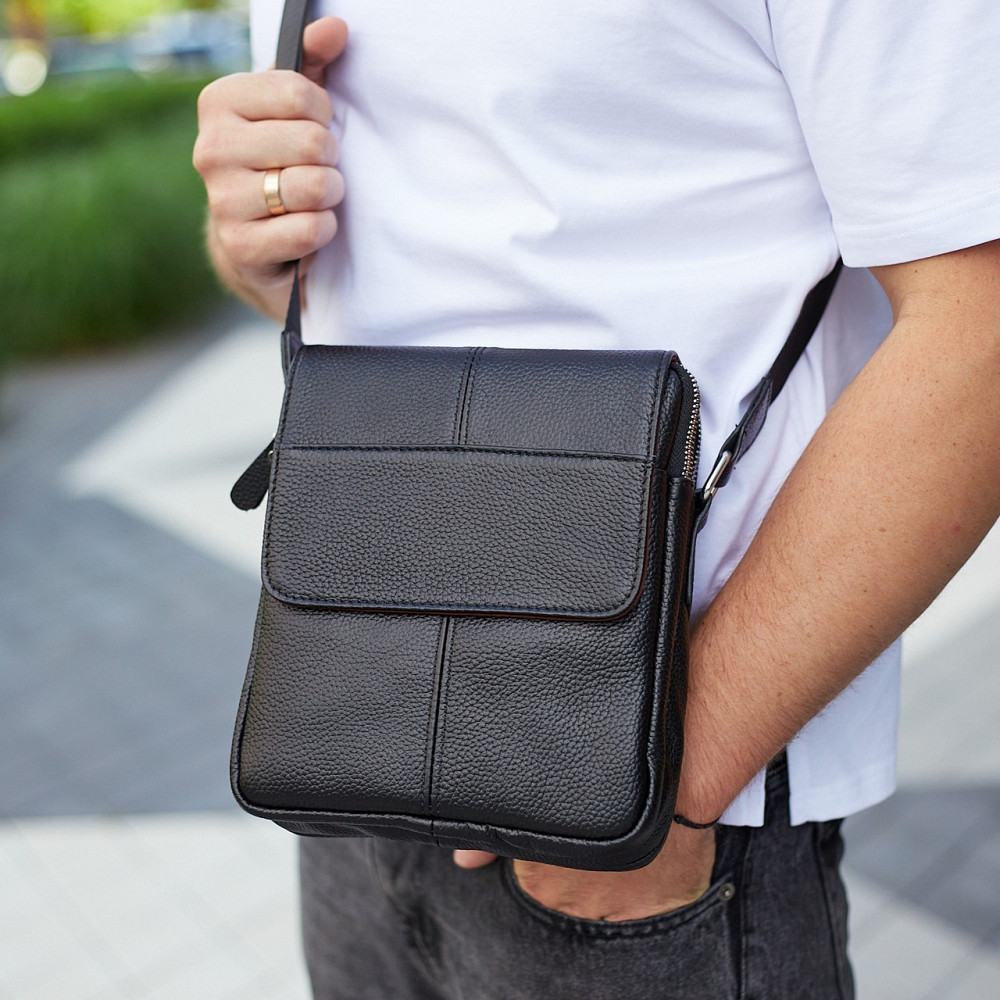Мужская кожаная сумка планшет 21х24х6, барсетка на одно плечо Tiding Bag M1254A черная Каменское - изображение 17