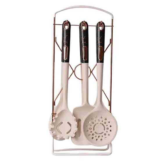 Набір кухонного приладдя на підставці 6 штук кухонні аксесуари Бежевий із чорною ручкою YRUR4 Київ