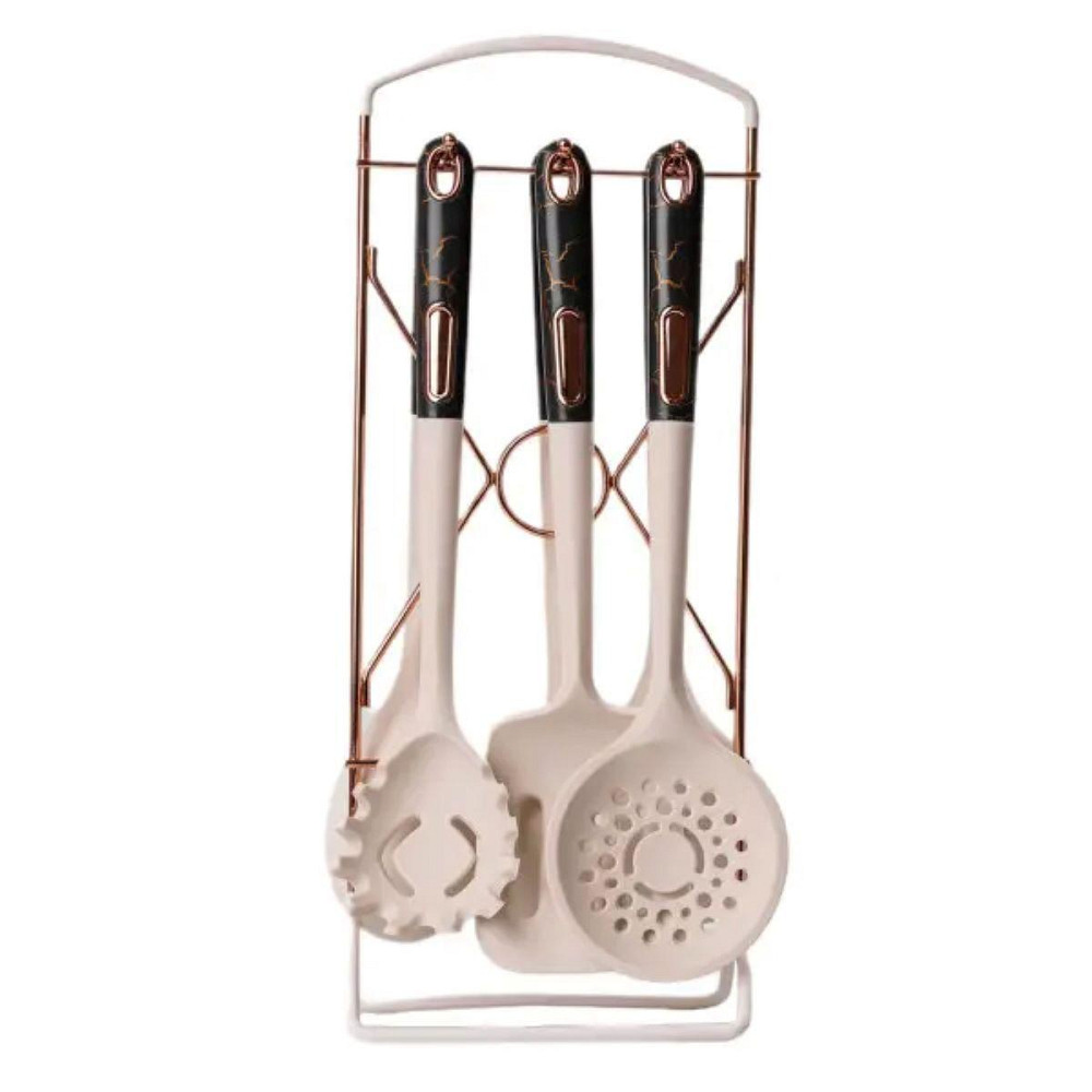 Набір кухонного приладдя на підставці 6 штук кухонні аксесуари Бежевий із чорною ручкою YRUR4 Київ - фото 1