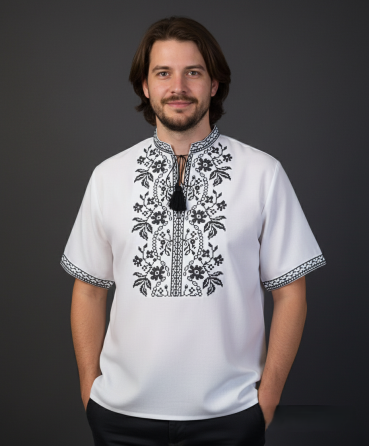 Чоловіча вишиванка на довгий рукав з чорним квітковим орнаментом на білому полотні Київ